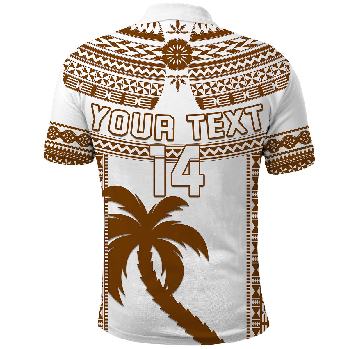 Rugby polo shirt, white with brown tapa pattern, Your Text and number 14 on back