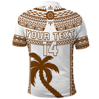 Rugby polo shirt, white with brown tapa pattern, Your Text and number 14 on back