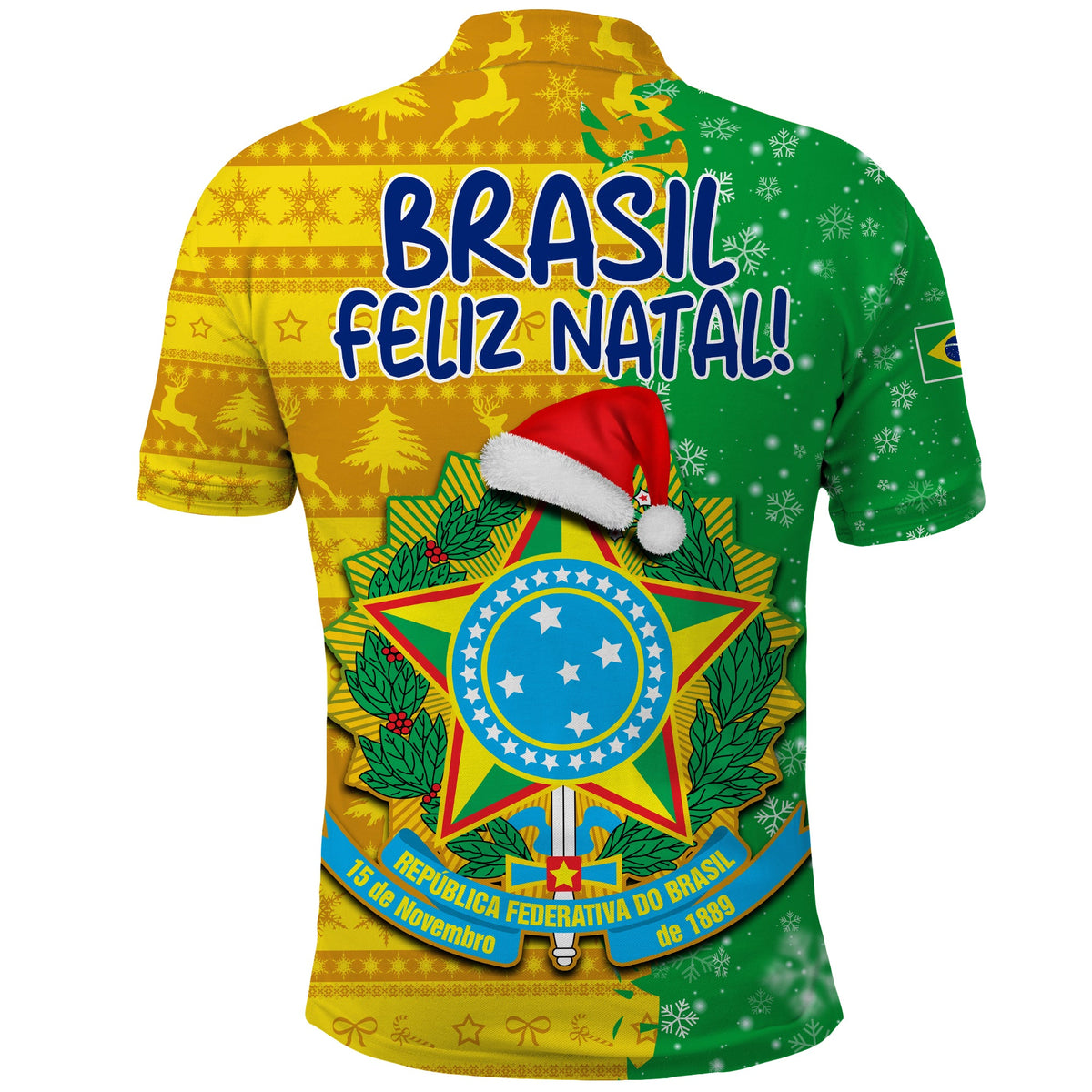 Brazil football polo shirt back with 'BRASIL FELIZ NATAL!' and Brazil crest