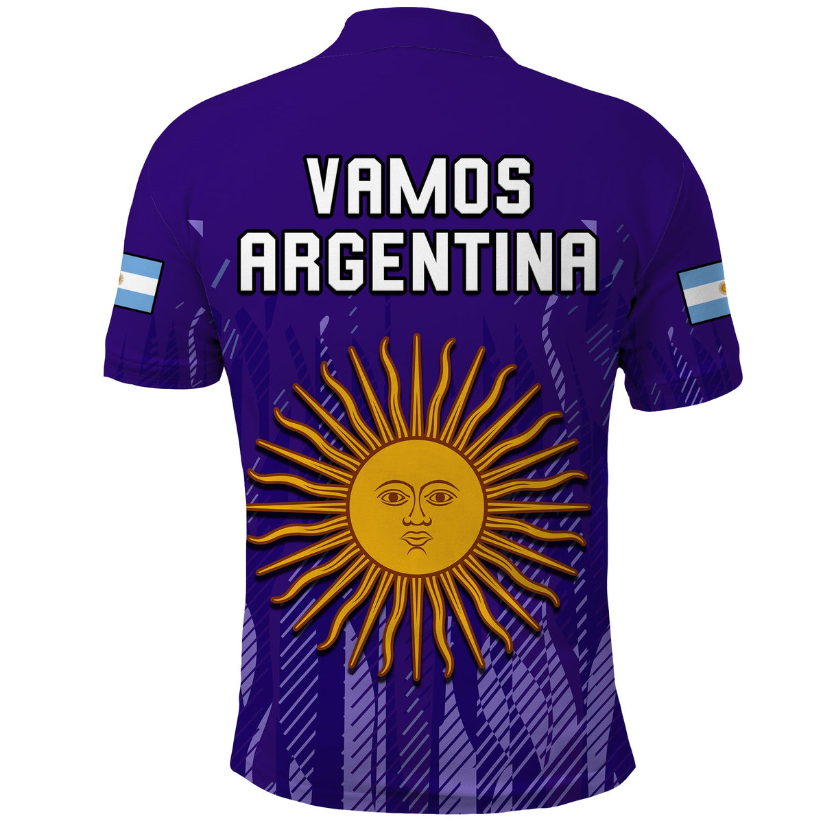 Purple football polo shirt back with 'VAMOS' and 'ARGENTINA' text plus golden sun emblem