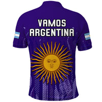 Purple football polo shirt back with 'VAMOS' and 'ARGENTINA' text plus golden sun emblem