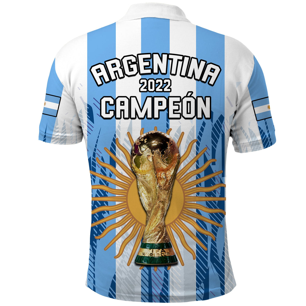 Argentina soccer polo shirt back, white and light blue stripes with 2022 champion text