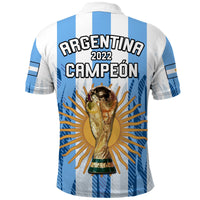 Argentina soccer polo shirt back, white and light blue stripes with 2022 champion text