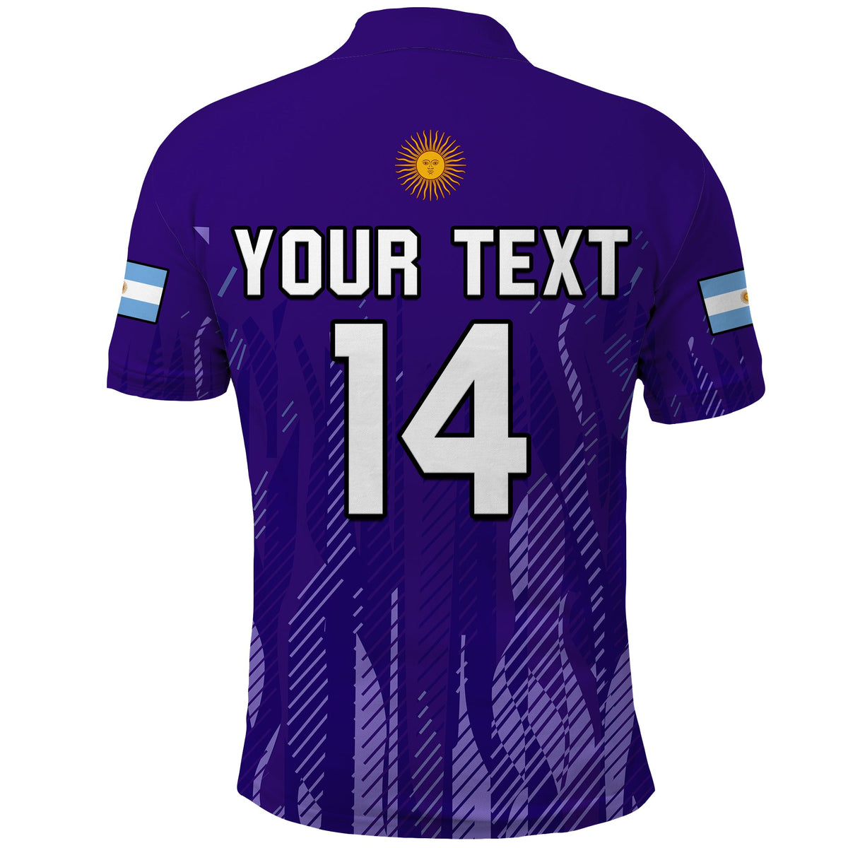 Purple football polo shirt back with sun emblem and 'YOUR TEXT 14' large print