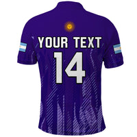 Purple football polo shirt back with sun emblem and 'YOUR TEXT 14' large print