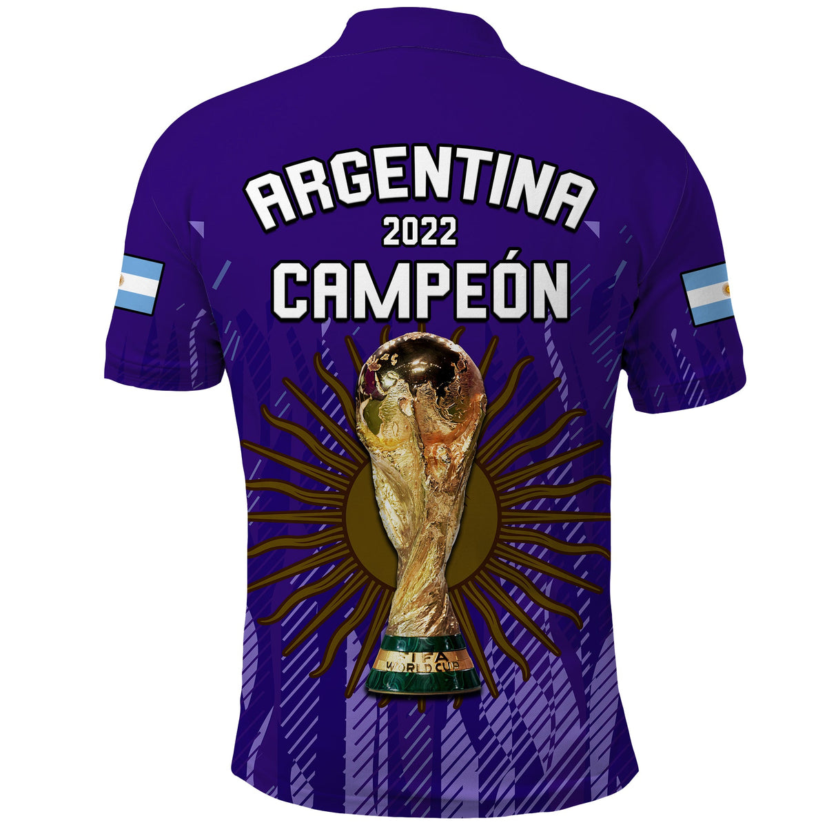 Purple football polo shirt back with 'ARGENTINA 2022 CAMPEON' and trophy burst print