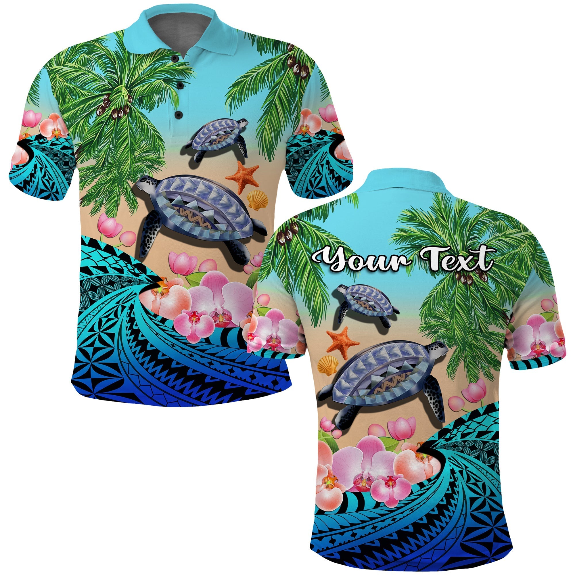 Custom Polynesian Turtle Coconut Tree And Orchids Polo Shirt - Wonder Print Shop