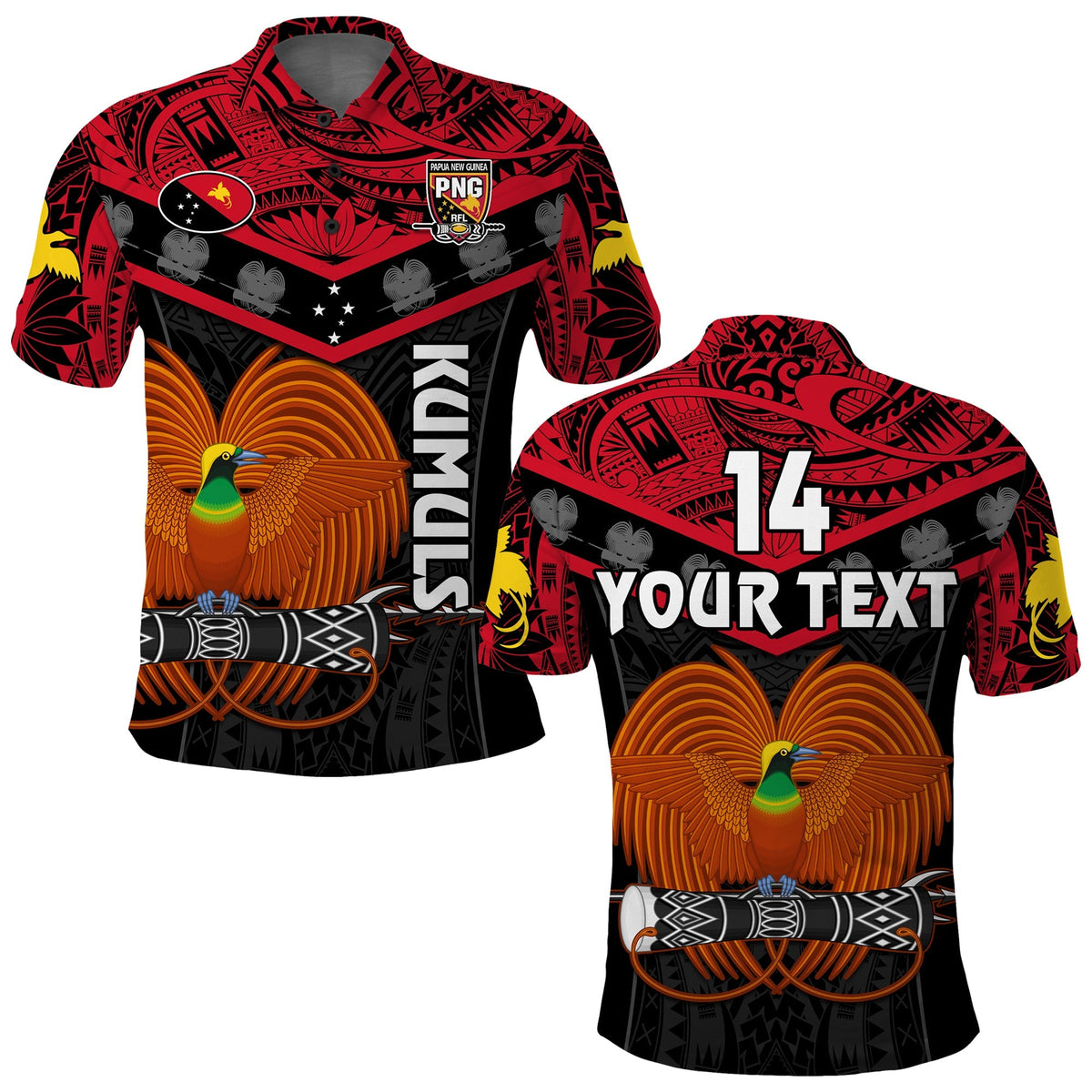 Custom Text And Number Papua New Guinea Rugby Polo Shirt PNG Kumuls Bird Of Paradise Black - Wonder Print Shop