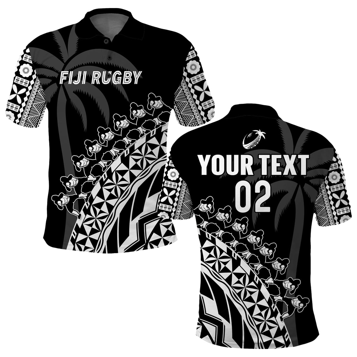 Custom Text And Number Fiji Rugby Polo Shirt Fijian Cibi Dance Tapa Pattern Black - Wonder Print Shop