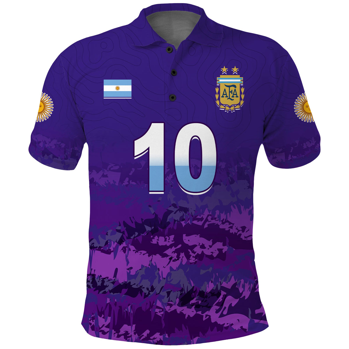 Purple Argentina football polo shirt with flag patch, AFA crest, and number 10 front