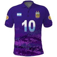 Purple Argentina football polo shirt with flag patch, AFA crest, and number 10 front