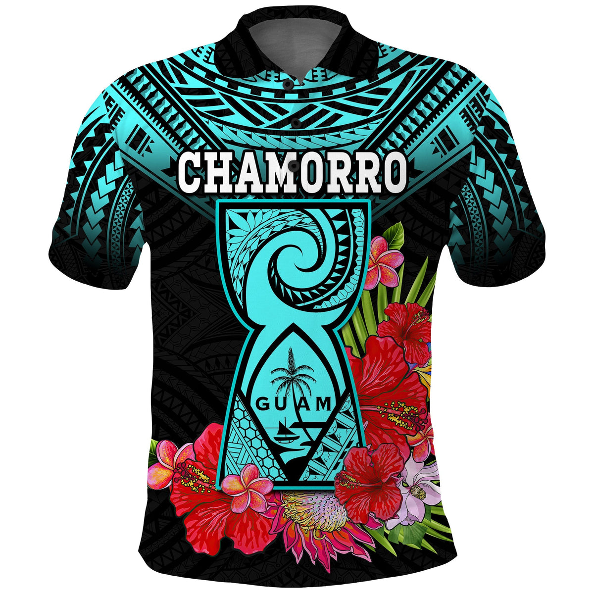 Custom Chamorro Guam Polo Shirt Guaman Latte Stone Tropical Flowers Turquoise Style - Wonder Print Shop
