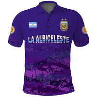 Purple Argentina football polo shirt with front crest and La Albiceleste print
