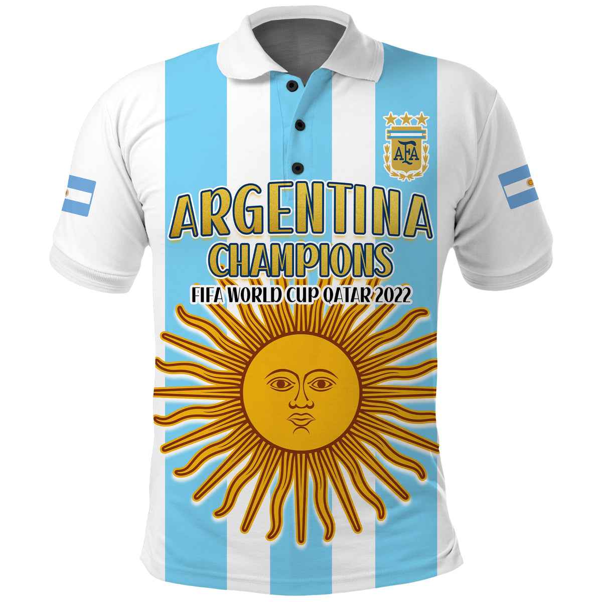 Argentina polo shirt, blue-white stripes, front print 'ARGENTINA CHAMPIONS' and crest