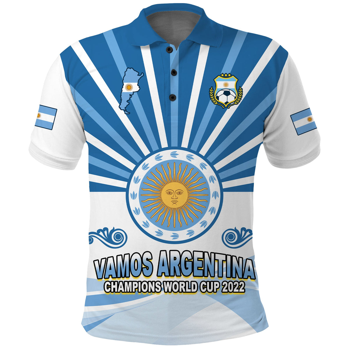 Argentina football polo shirt, blue and white stripes, front with crest, sun emblem and VAMOS ARGENTINA