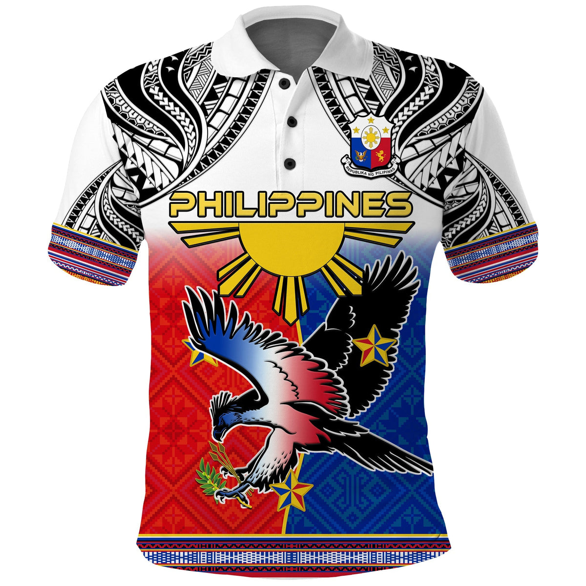 Custom Philippines Polo Shirt Polynesian Filipino Pattern With Eagle - Wonder Print Shop