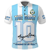 Argentina football polo shirt in blue and white stripes with front crest, "THE GOAT" and number 10