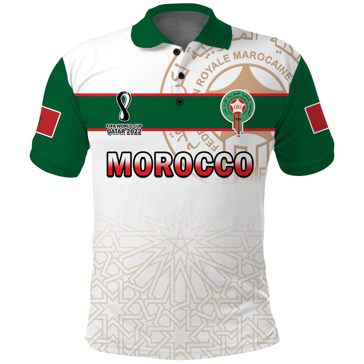 (Custom Text and Number) Morocco Football Polo Shirt Atlas Lions White Football 2022 - Wonder Print Shop