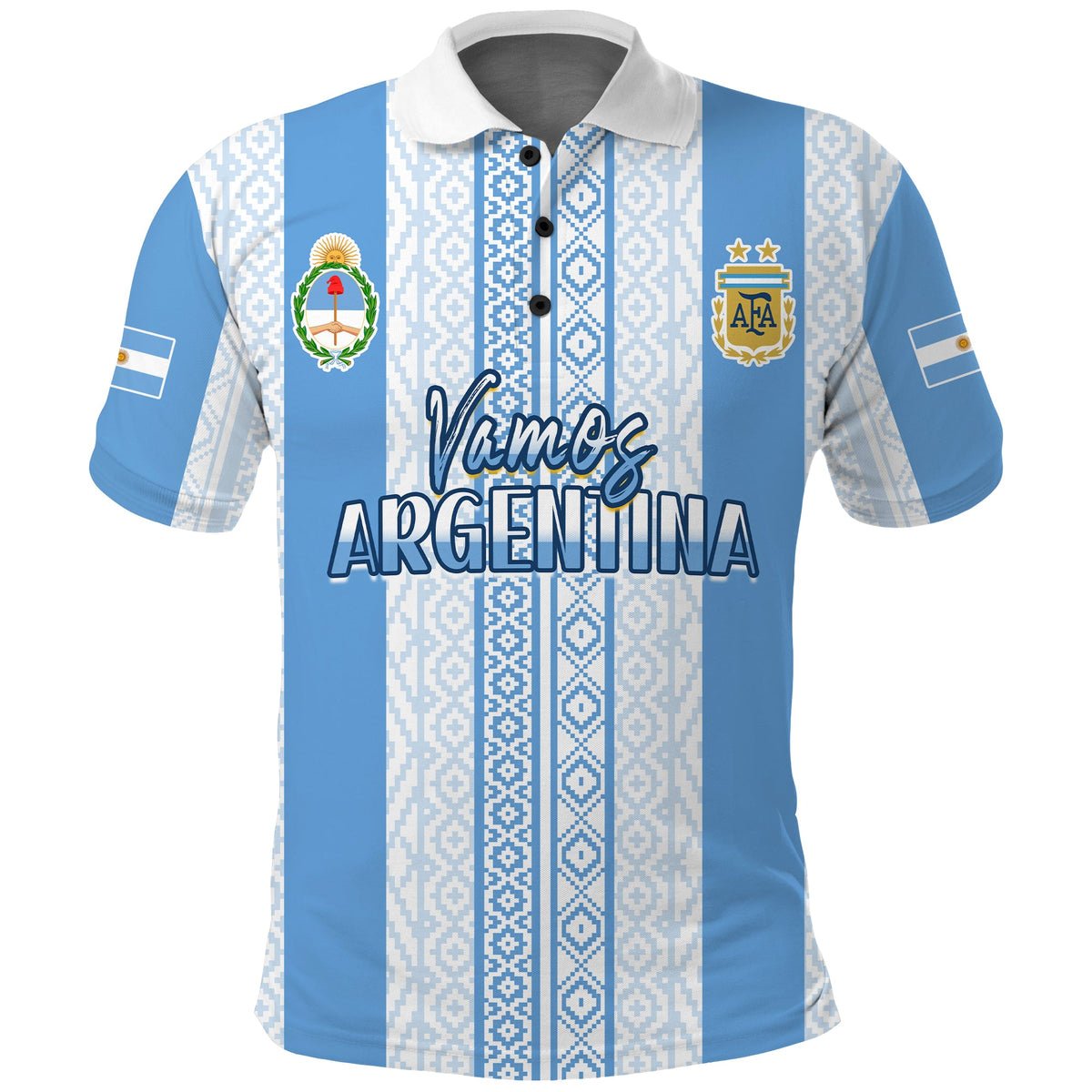 Argentina football polo shirt, blue-and-white stripes, front crest and “Argentina” lettering