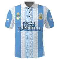 Argentina football polo shirt, blue-and-white stripes, front crest and “Argentina” lettering