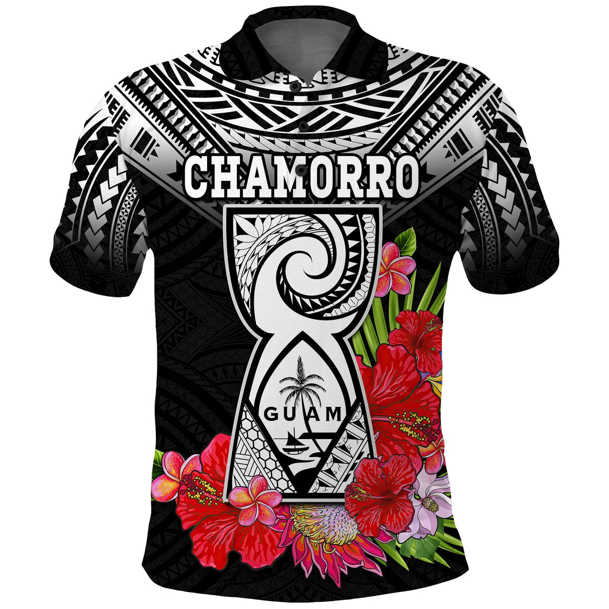 Custom Chamorro Guam Polo Shirt Guaman Latte Stone Tropical Flowers Black Style - Wonder Print Shop