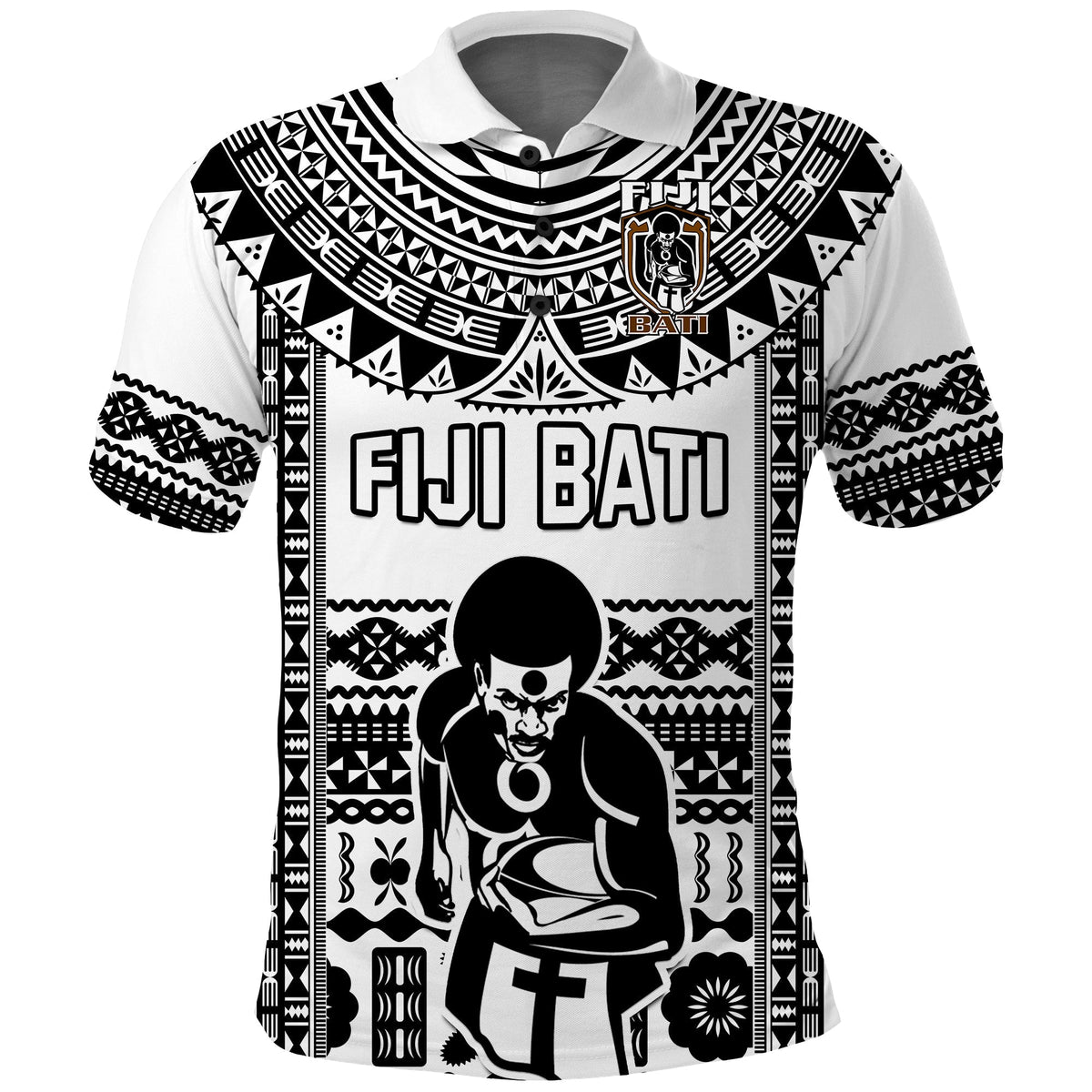 Rugby polo shirt front view, black-and-white tribal pattern with 'FIJI BATI' text and figure