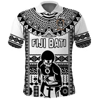 Rugby polo shirt front view, black-and-white tribal pattern with 'FIJI BATI' text and figure