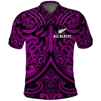 Purple rugby polo shirt with All Blacks crest and Maori-style tribal print, button collar