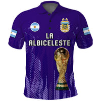 Purple football polo shirt with button collar, crest badge, flag patch, and trophy print