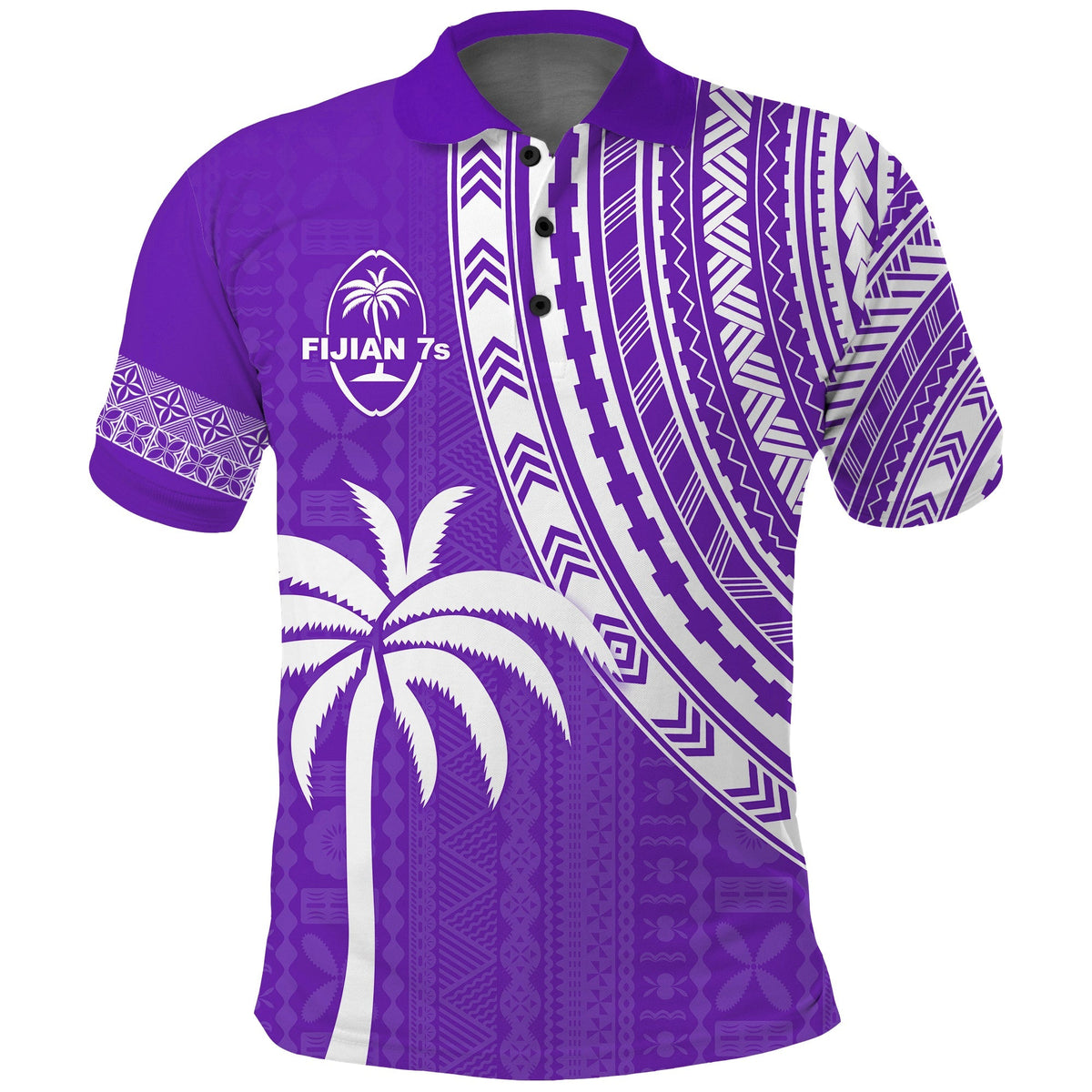 Purple rugby sevens polo shirt with collared button placket and white tribal stripe graphics