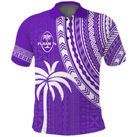 Purple rugby sevens polo shirt with collared button placket and white tribal stripe graphics