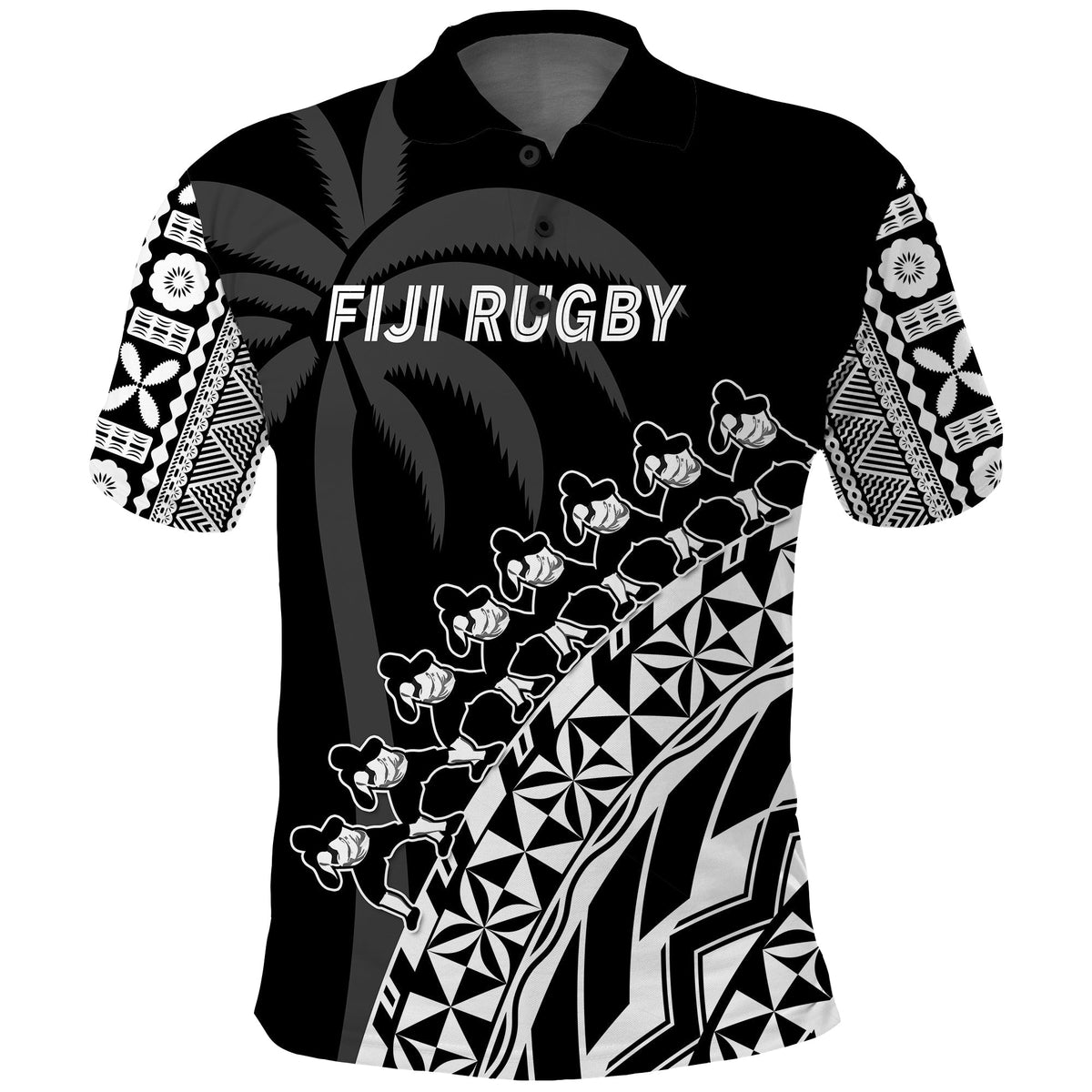 Custom Text And Number Fiji Rugby Polo Shirt Fijian Cibi Dance Tapa Pattern Black - Wonder Print Shop