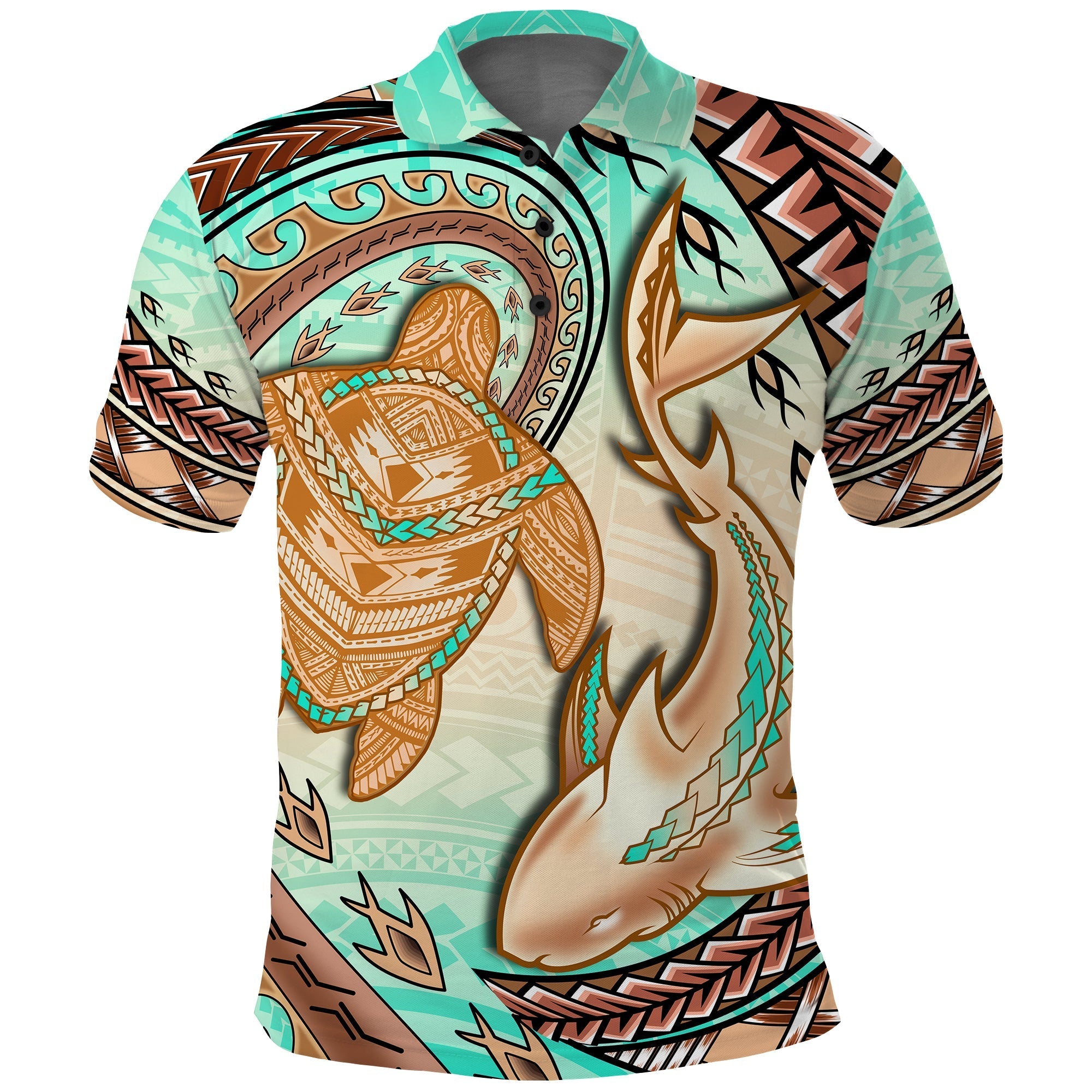 Hawaii Polo Shirt Polynesian Shark And Sea Turtle Dreamy Turquoise Artsy - Wonder Print Shop