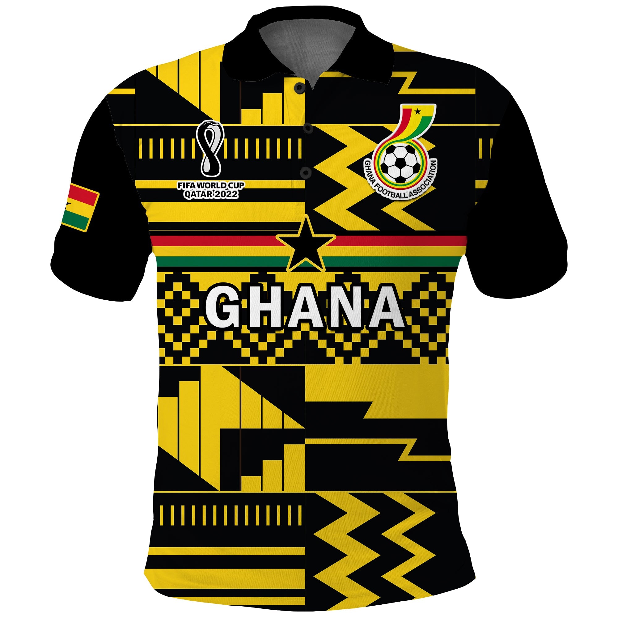 custom-text-and-number-ghana-football-polo-shirt-black-stars-kente-world-cup-2022-yellow