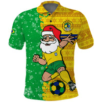 Brazil football polo shirt with Santa graphic, green and yellow holiday design