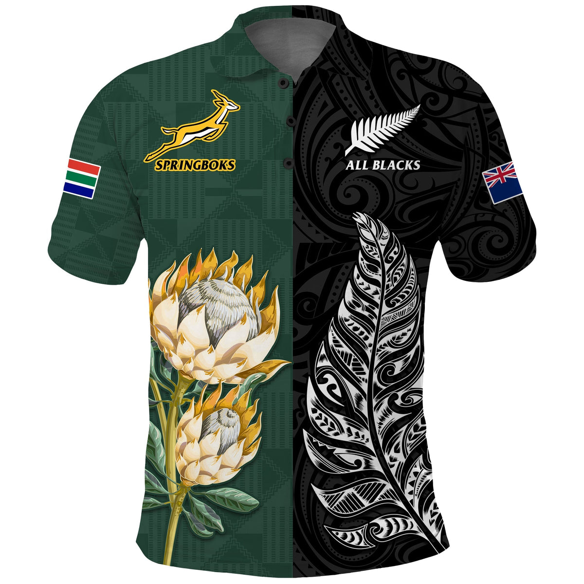 South Africa Protea and New Zealand Fern Polo Shirt Rugby Go Springboks vs All Black LT13 - Wonder Print Shop