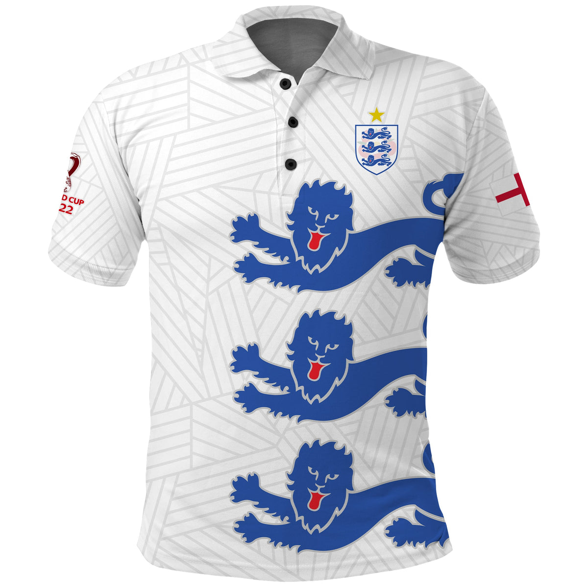 Football polo shirt white with blue lion graphics and England crest