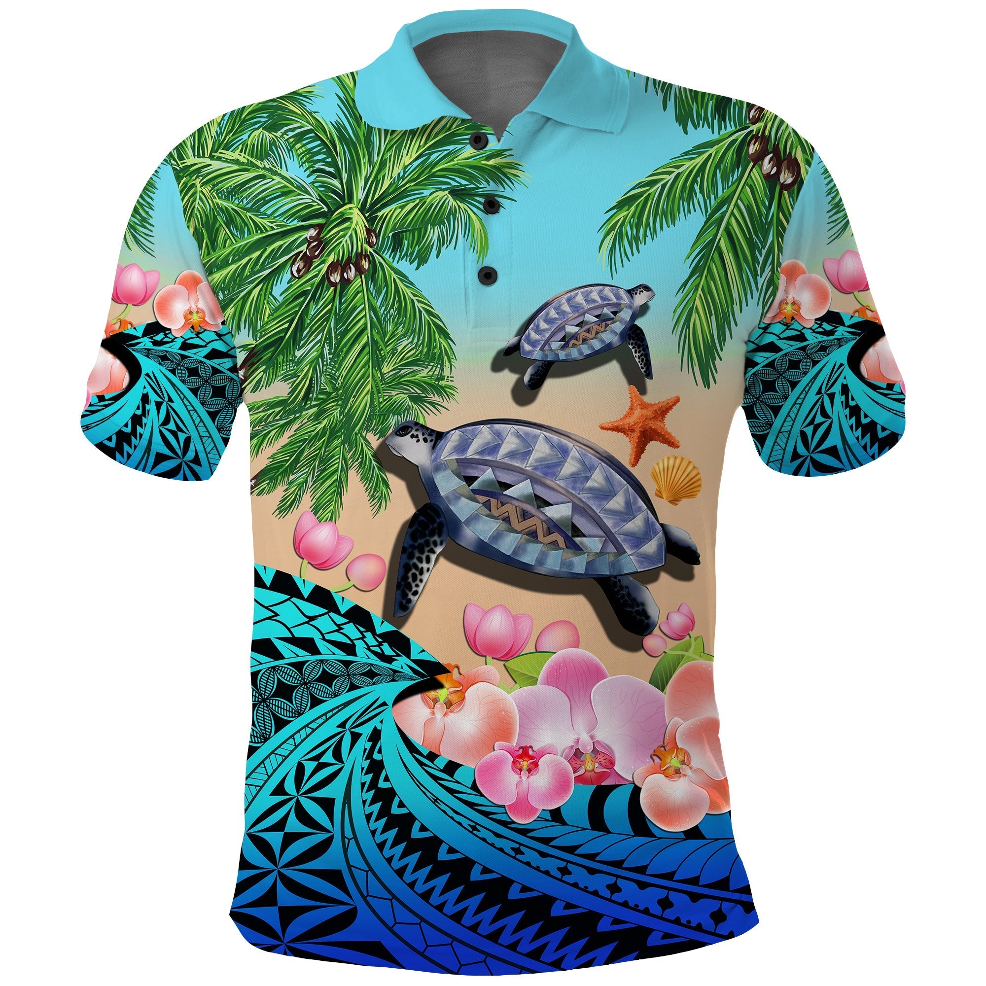 Polynesian Turtle Coconut Tree And Orchids Polo Shirt - Wonder Print Shop