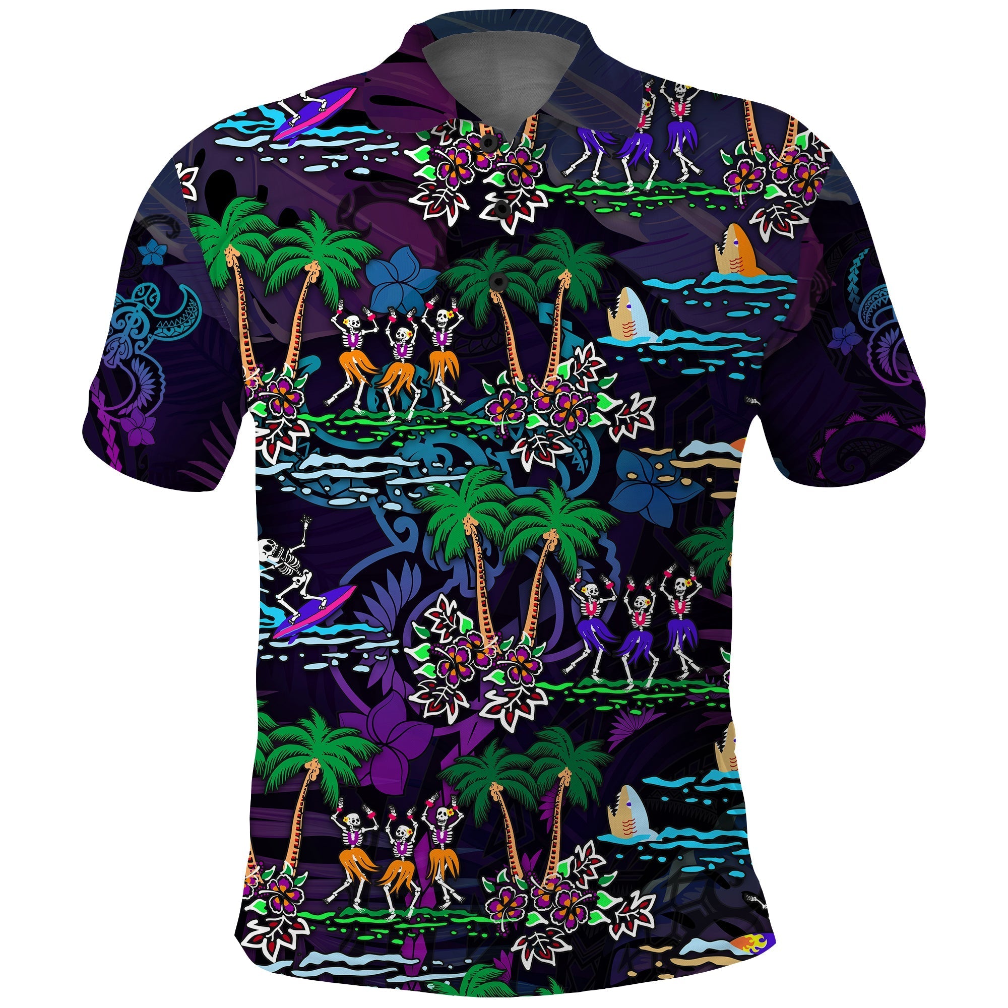 Hawaii Skeleton Dancing Polo Shirt Halloween Hawaiian Turtle LT13 - Wonder Print Shop
