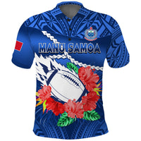 Blue rugby polo with Manu Samoa front print, hibiscus flowers and rugby ball emblem