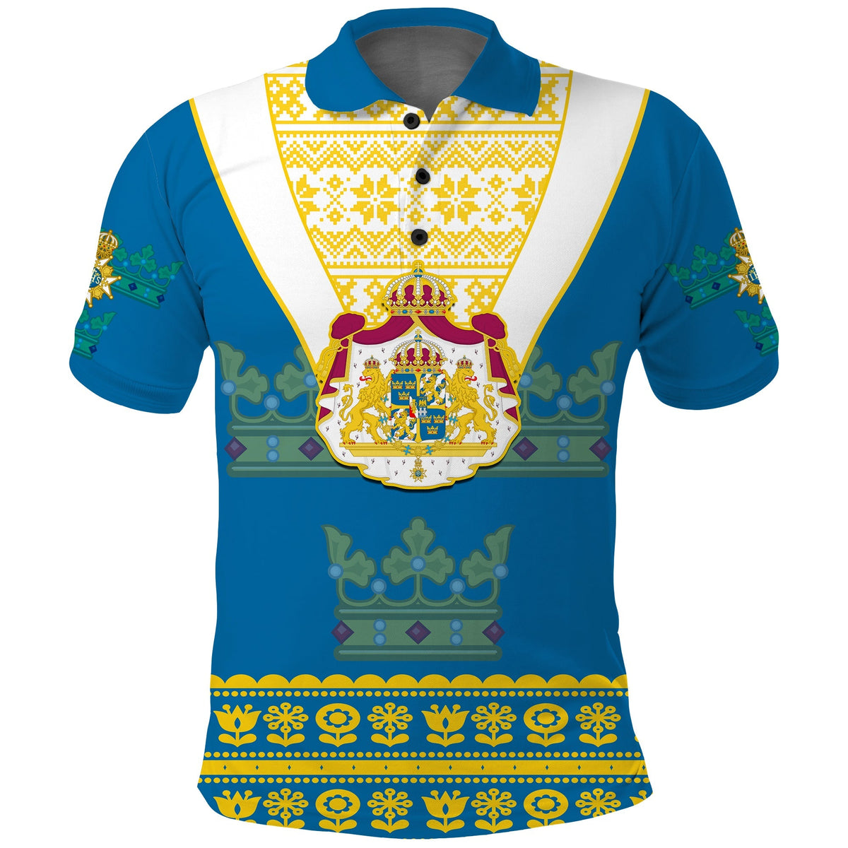 Custom Sweden Polo Shirt Swedish Coat Of Arms With Scandinavian Flowers - Wonder Print Shop