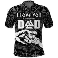 Black polo shirt with 'I Love You Dad' Viking rune print, short sleeves, button collar