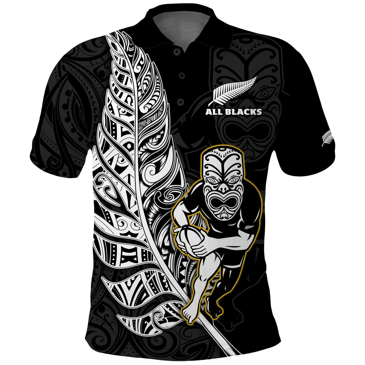 New Zealand 2022 Rugby Polo Shirt All Black Silver Fern Maori Pattern Version Black - Wonder Print Shop