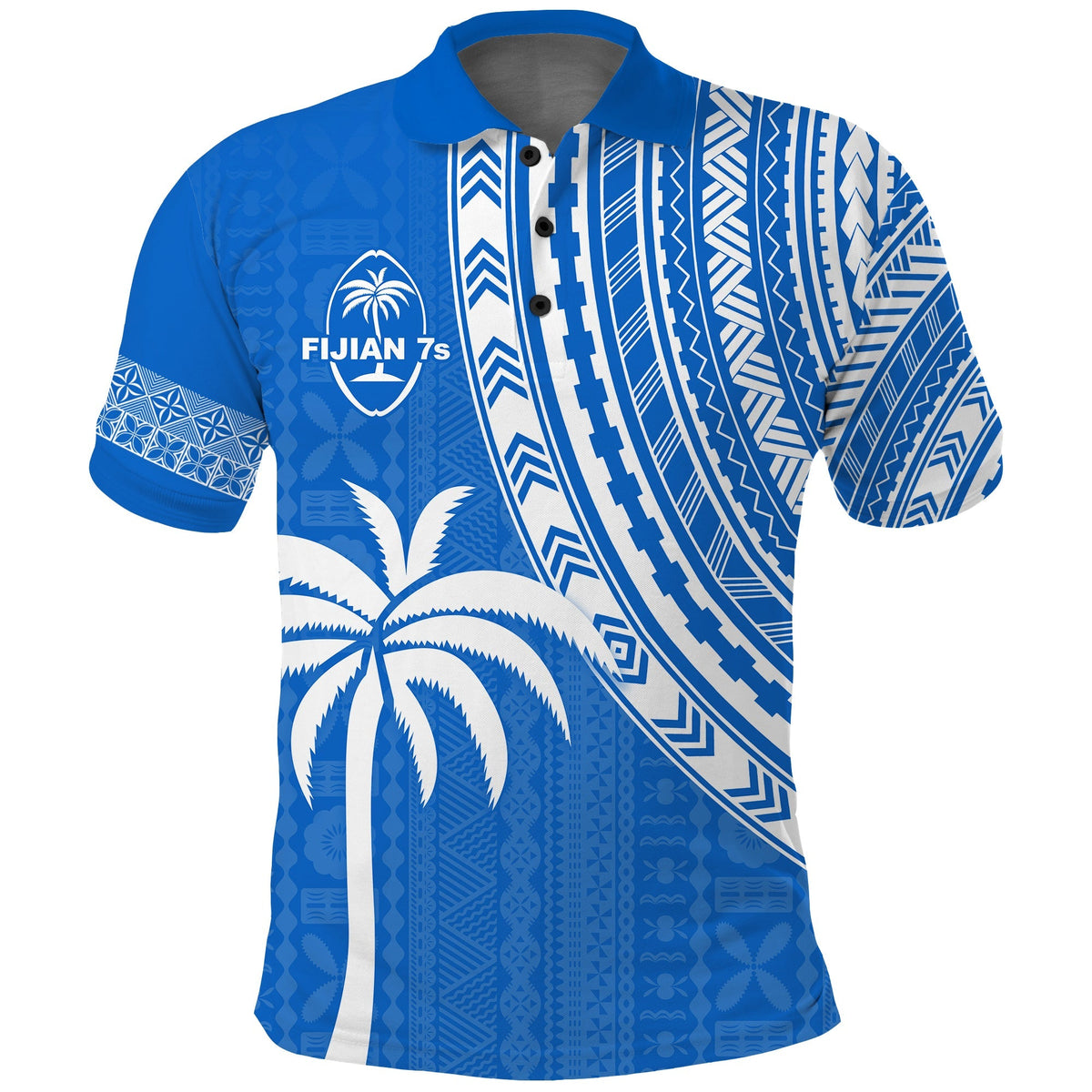 Blue rugby sevens polo shirt with tapa-style striped patterns and buttoned placket