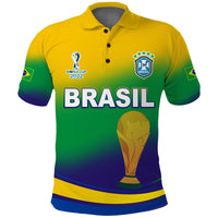 Brazil football polo shirt, Brazil crest, WORLD CUP 2022 patch, BRASIL and trophy