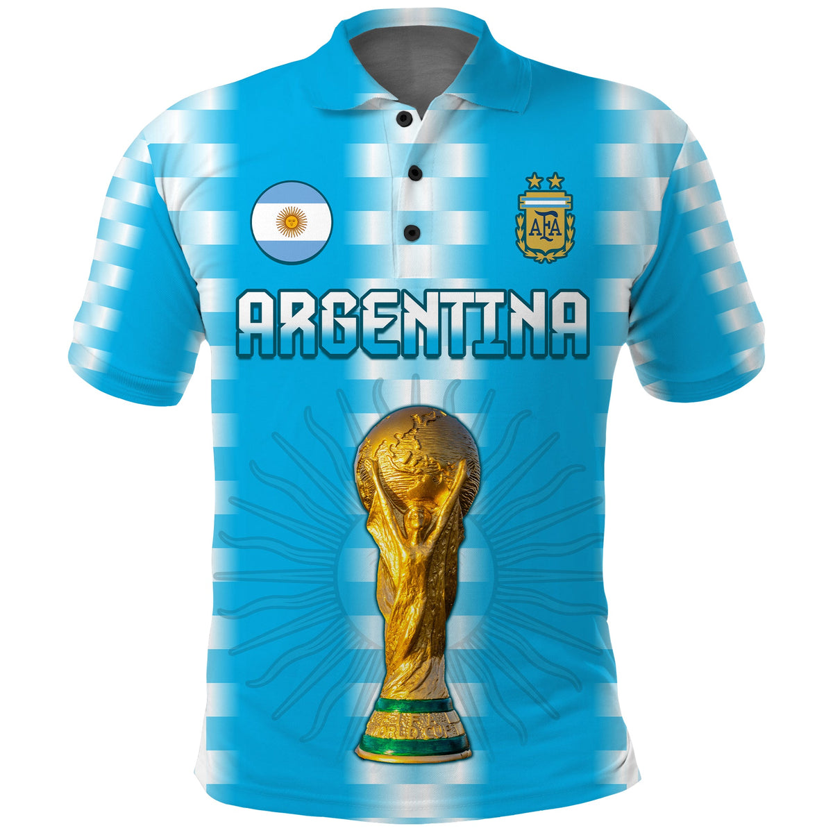 Blue Argentina football polo shirt front with ARGENTINA lettering, AFA crest, and trophy graphic