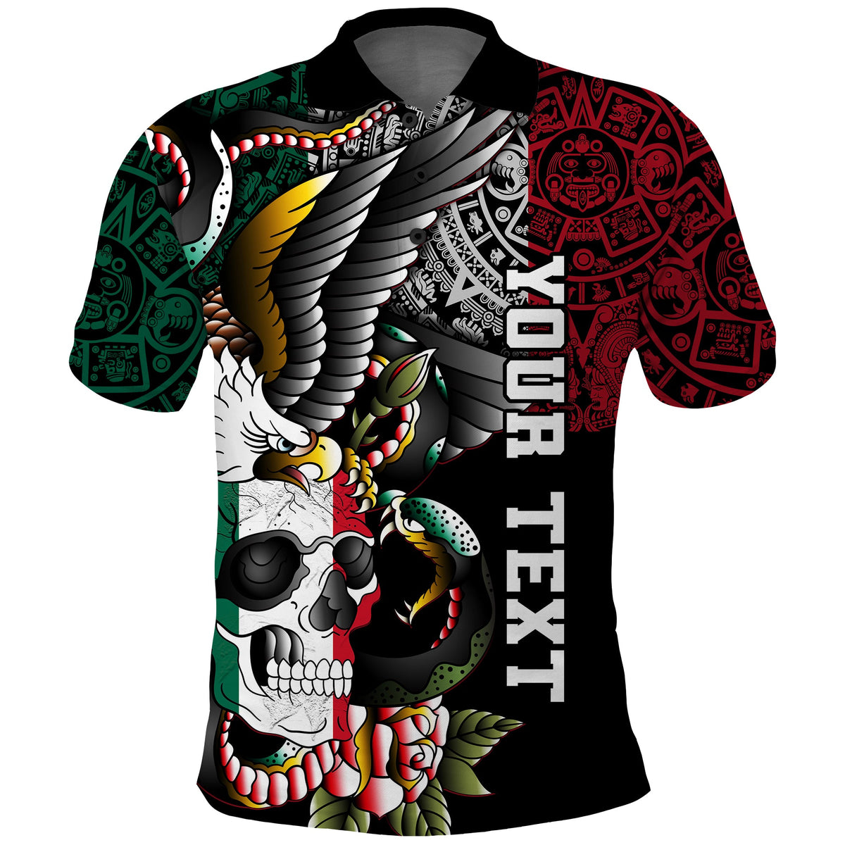 Custom Mexico Polo Shirt Mexican Skull Eagle With Angry Snake - Wonder Print Shop