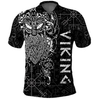 Black polo shirt with Odin warrior graphic and rune symbols, all-over print