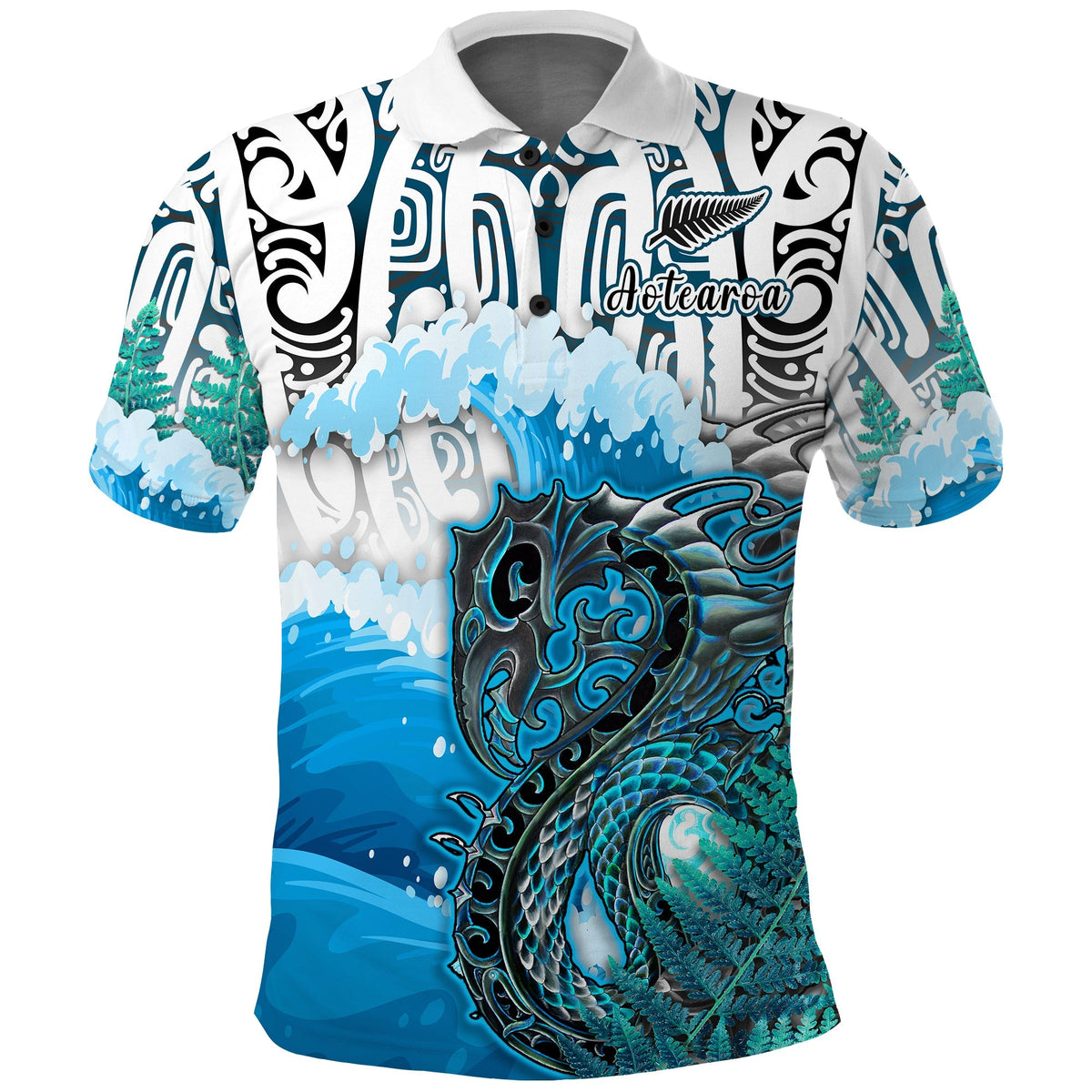 Custom Manaia Maori Polo Shirt Fern Aotearoa Blue Waves LT13 - Wonder Print Shop