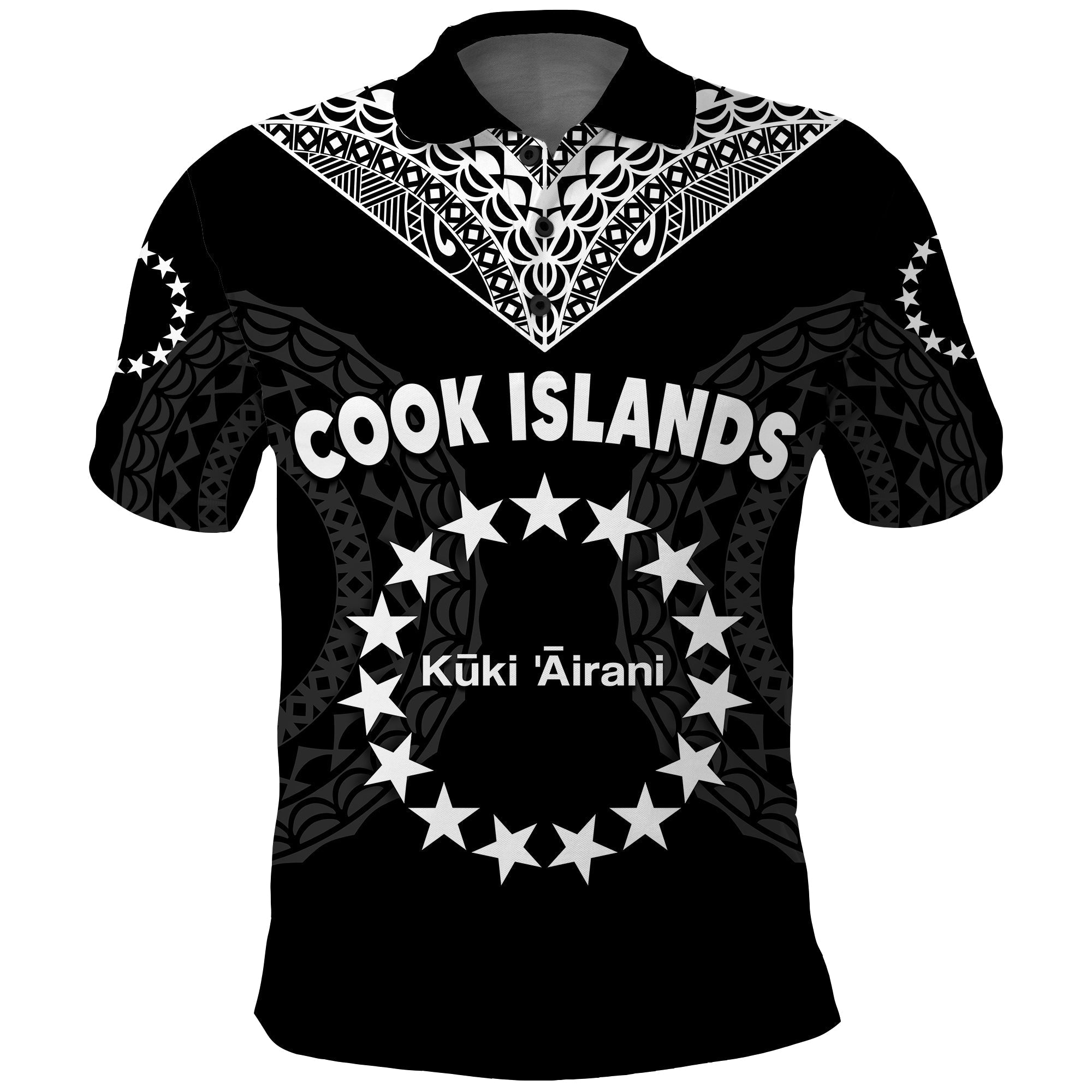 Cook Islands Polo Shirt Circle Pattern Mix Sea Turtle Black Version - Wonder Print Shop